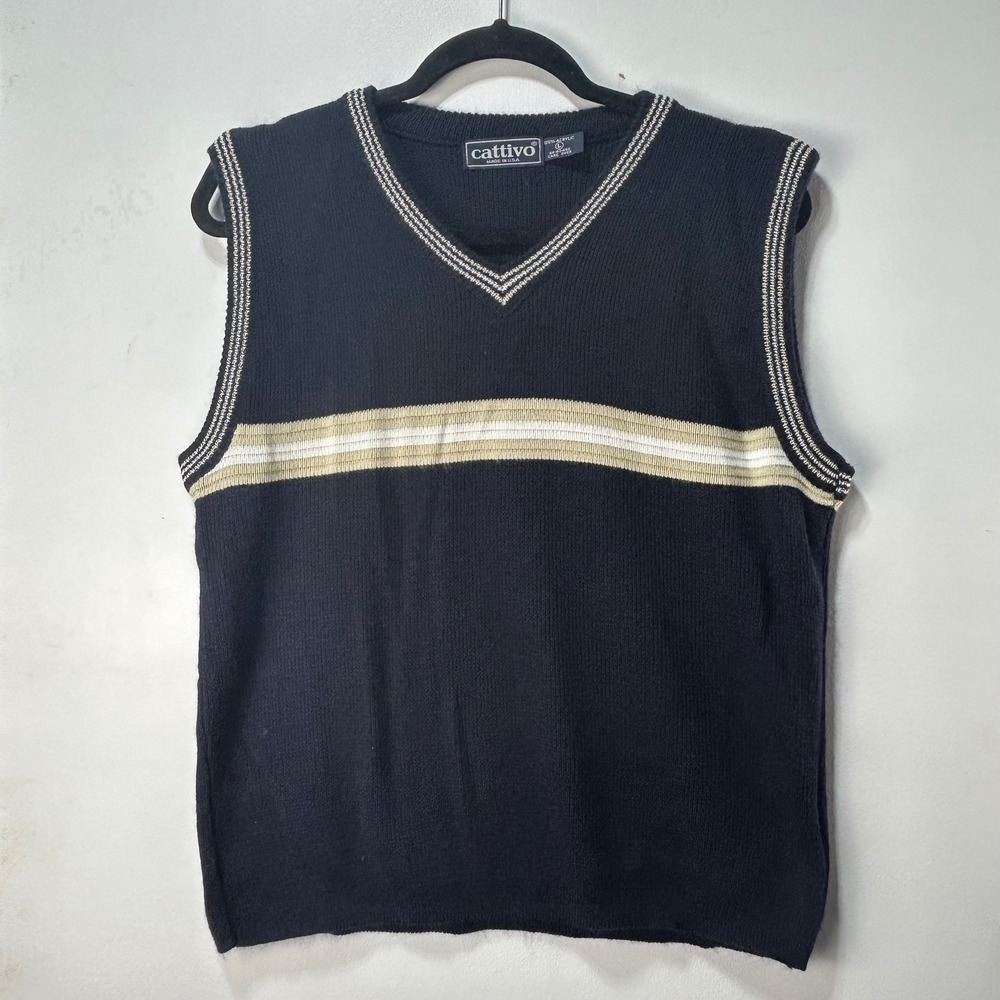 Cattivo Vintage V-Neck Sweater Vest Mens Large Black Striped Knit Made in USA